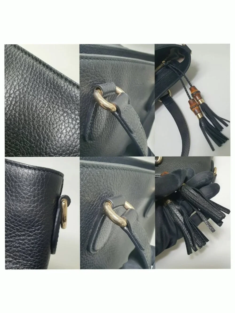 Authentic Gucci Black Leather Tote Bag Bamboo Tassel Crossbody Satchel Gold Hard - Picture 4 of 12